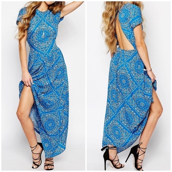 JEN’S Pirate Booty Dixie Blue Bandana Maxi Dress Open Back Short Sleeve Small - Picture 1 of 10